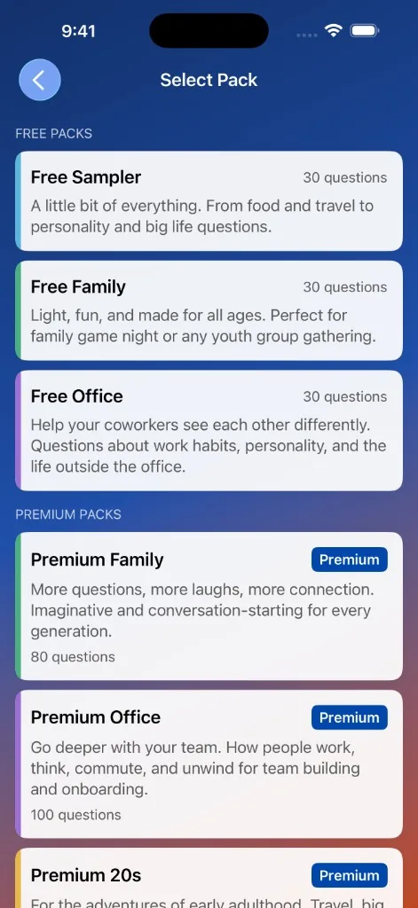 MeeNoMee app screenshot showing pack selection