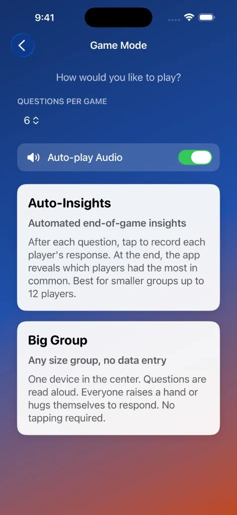 MeeNoMee app screenshot showing game mode selection