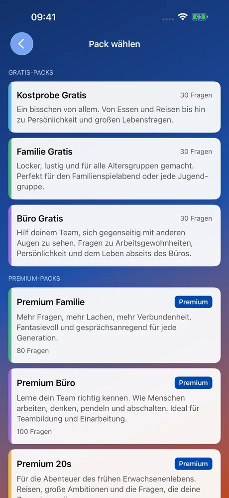 MeeNoMee Screenshot: Fragenpack auswählen