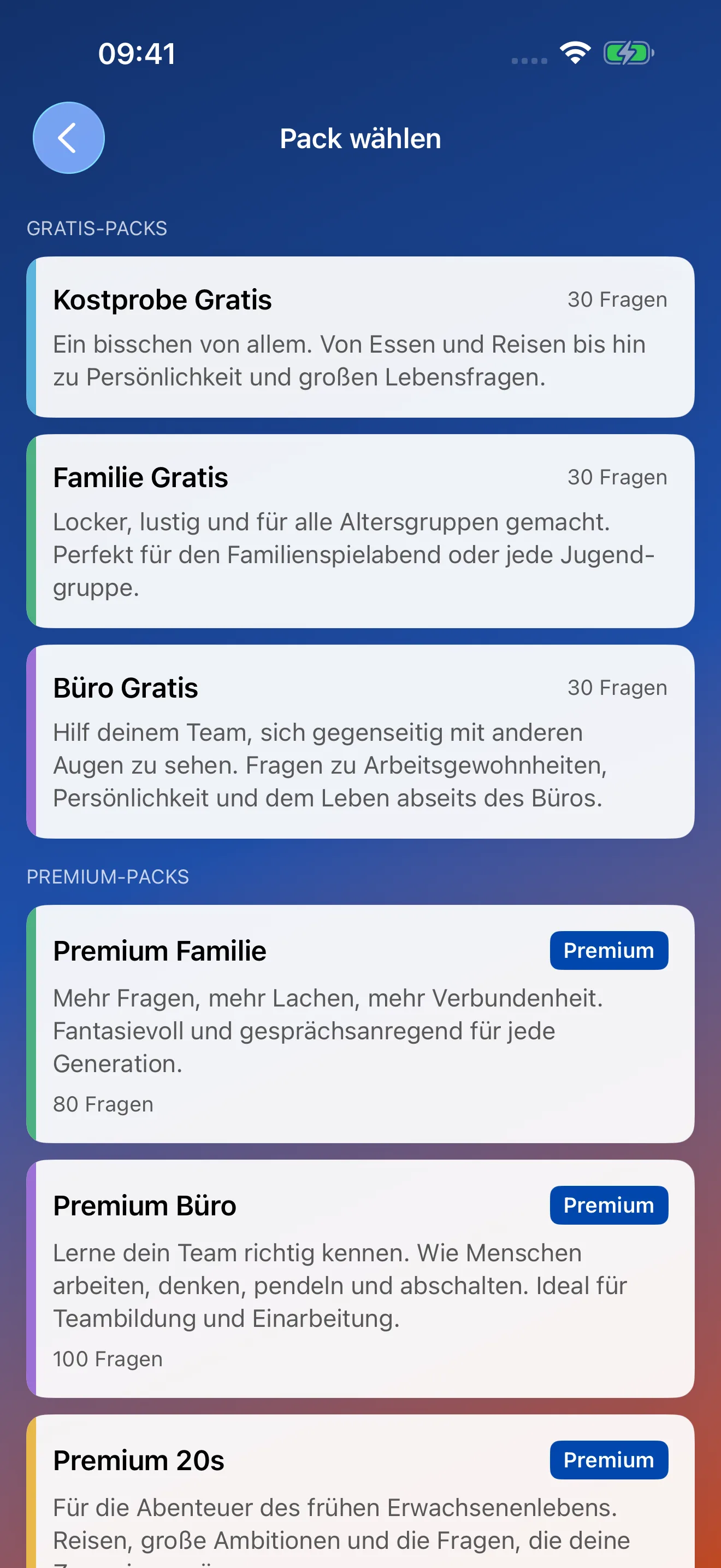 MeeNoMee Screenshot: Fragenpack auswählen