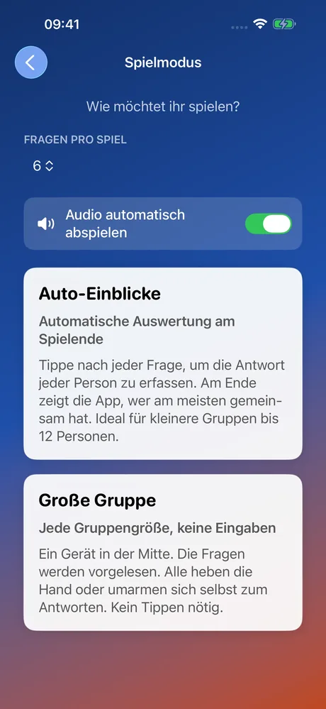 MeeNoMee Screenshot: Spielmodus wählen (Auto-Einblicke oder Große Gruppe)
