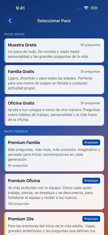 Captura de pantalla de MeeNoMee: selección de packs de preguntas