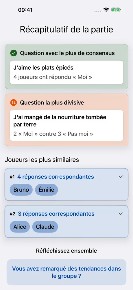Capture d'écran MeeNoMee : résumé de partie avec similarités entre joueurs