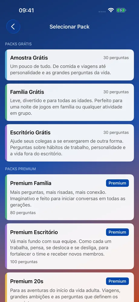 Captura de tela do MeeNoMee: seleção de packs de perguntas