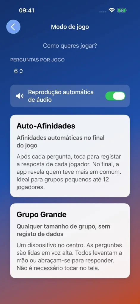 Captura de tela do MeeNoMee: modo de jogo (Auto-Afinidades ou Grupo Grande)